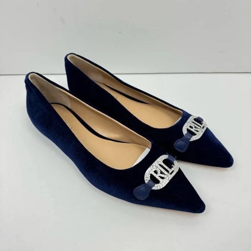 NEW Lauren Ralph Lauren | Lilah Navy Blue Velvet Crystal Logo Pointed Toe Flat - Picture 7 of 11